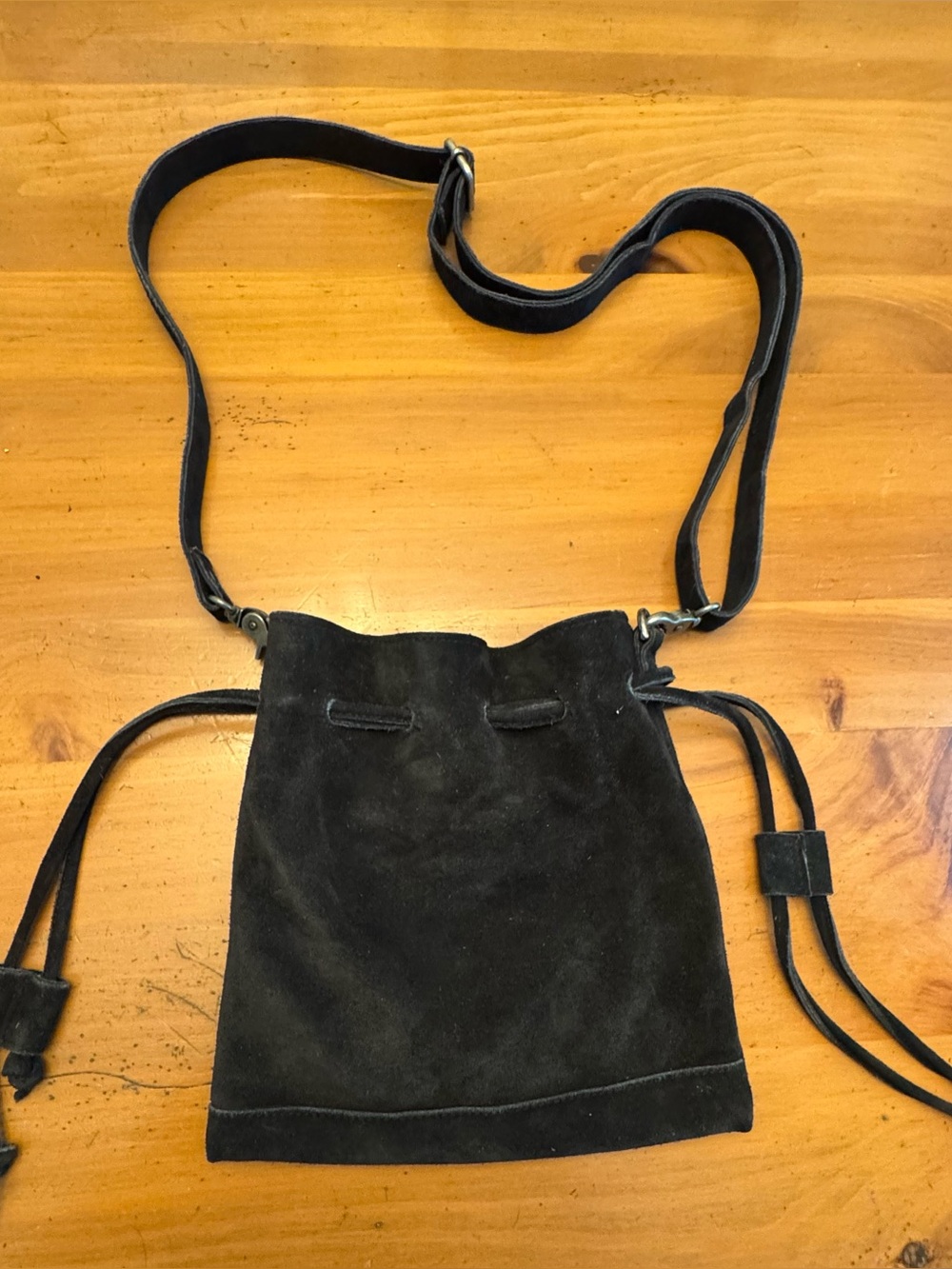 Free People Billie Black Suede Drawstring Crossbody Shoulder Bag